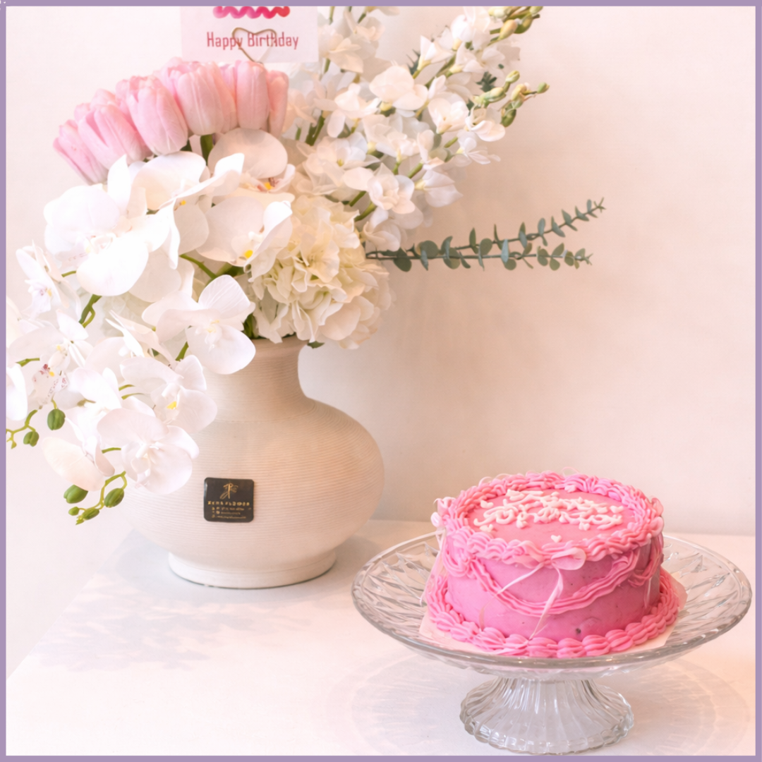 Orchid Elegance Happy Birthday Flowers with Dream Bites Cake