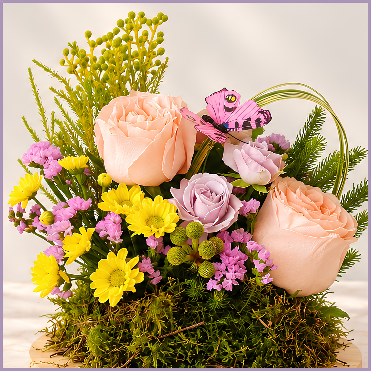 Petite Bliss pink rose and santini floral arrangement on a moss base with decorative butterfly – Jude Flowers Bahrain