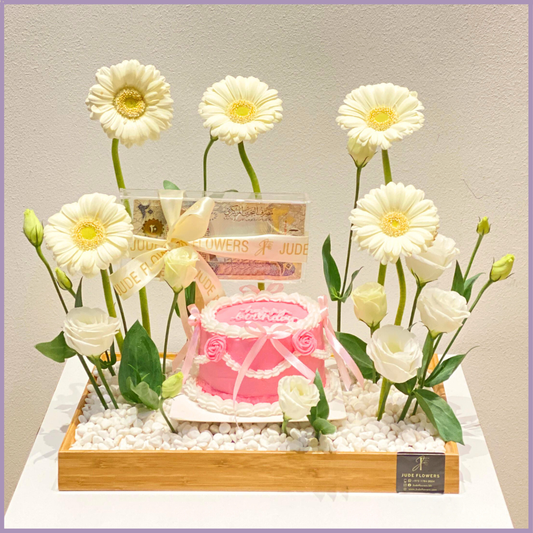 Pink Birthday Bloom Tray with Mini Cake a Dream Bites x Jude Flowers Collab