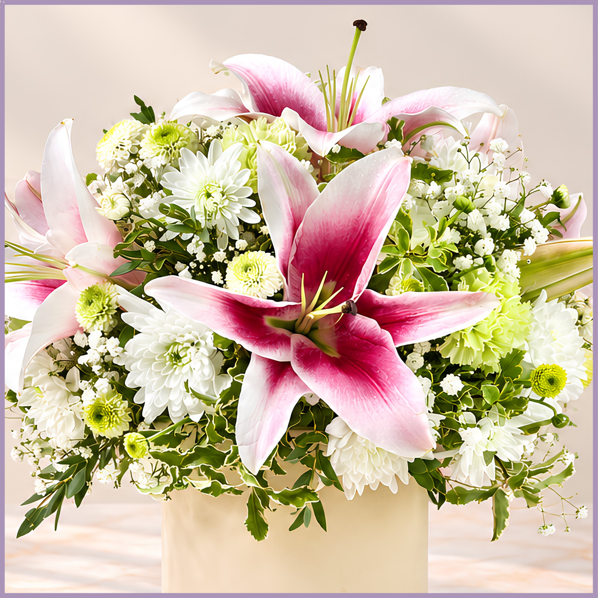 Pink Reverie floral arrangement with lilies, chrysanthemums and carnations in Bahraini pottery vase – Jude Flowers Bahrain