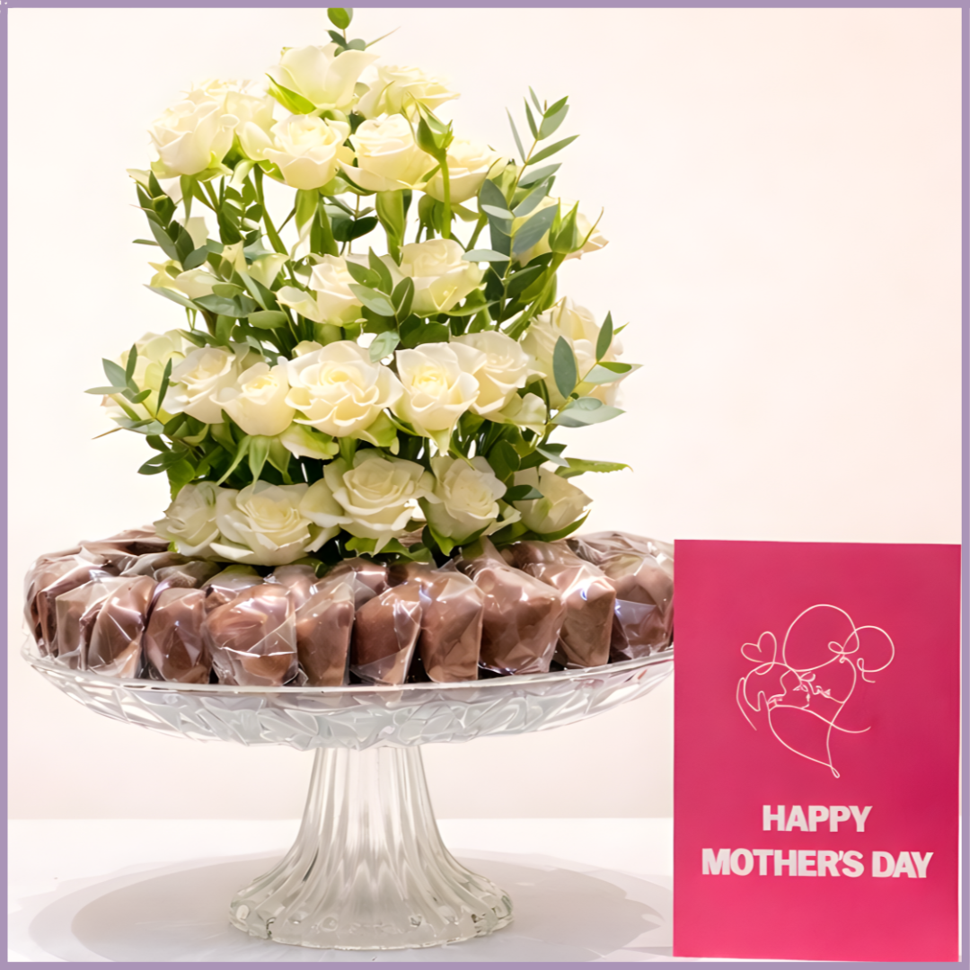 Pure White Mothers Day Spray Rose Dolcetta Chocolate Stand
