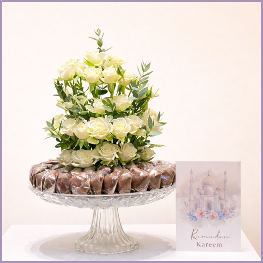 Pure White Ramadan Kareem Spray Rose Dolcetta Chocolate Stand