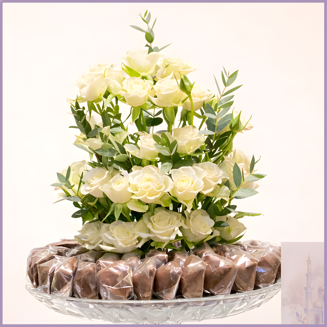 Pure White Ramadan Kareem Spray Rose Dolcetta Chocolate Stand