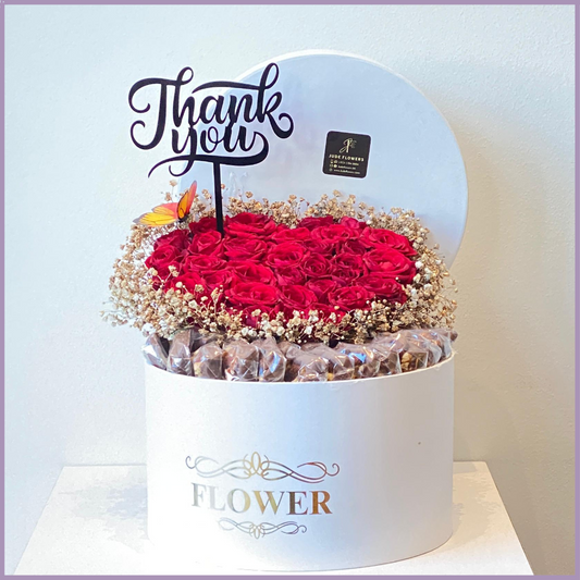Red Heart Bloom Love Box with Chocolates & Thank you Acrylic Topper