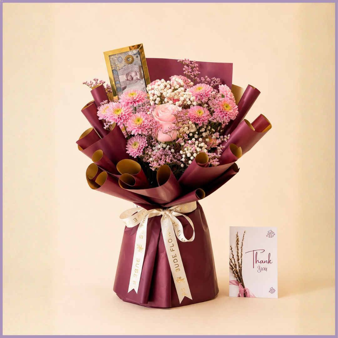 Rosewood Fortune – Pink Flower & Money Gift Bouquet