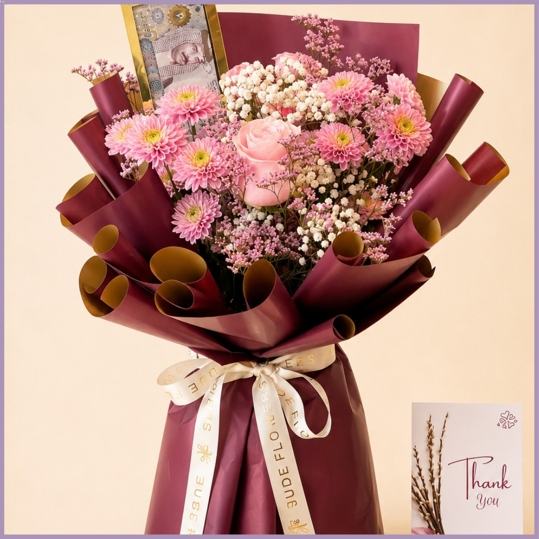 Rosewood Fortune – Pink Flower & Money Gift Bouquet