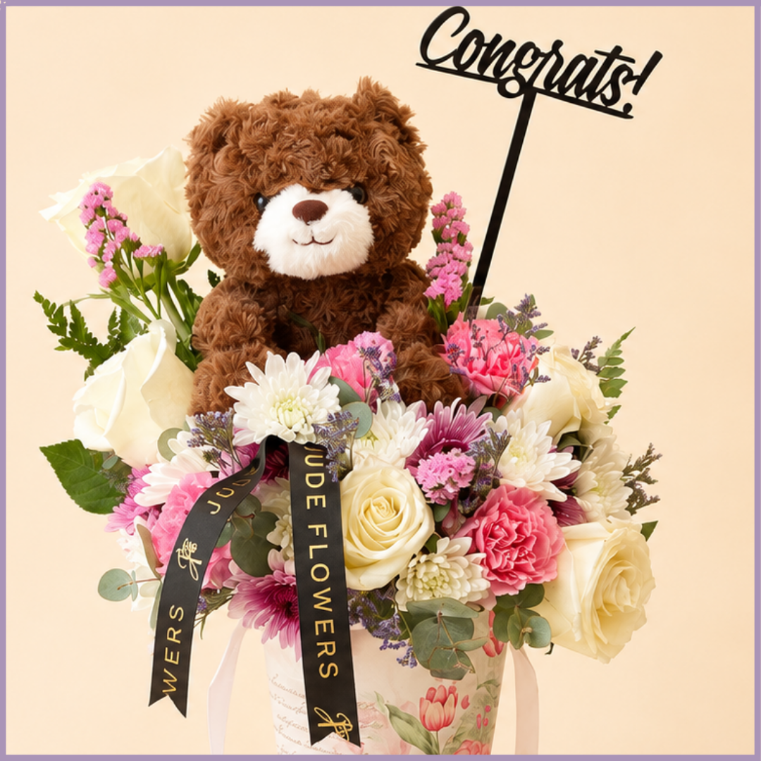 Rosy Congratulations – Flowers & Teddy Bear Gift Arrangement