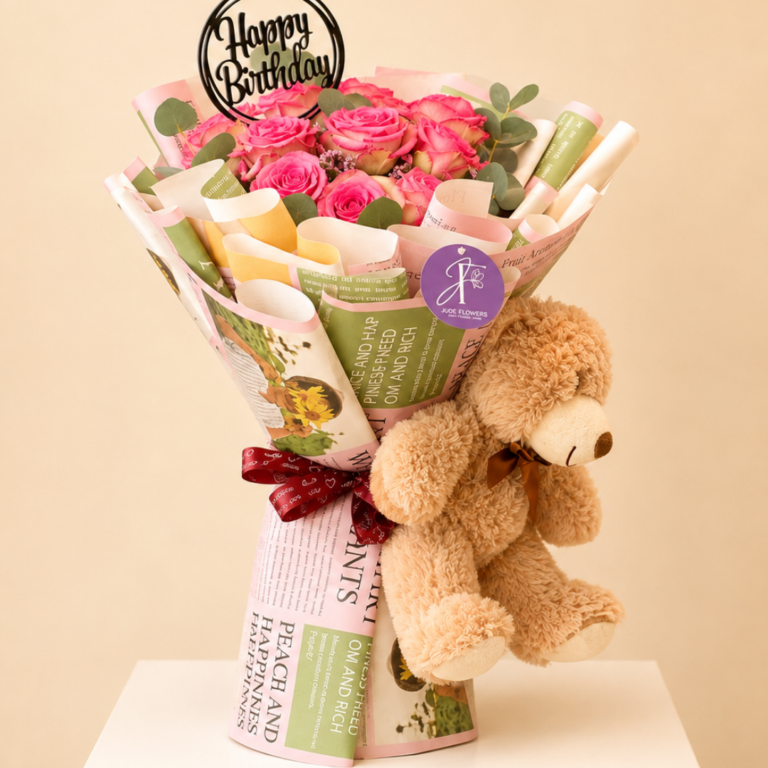 Rosy Embrace – Pink Rose & Teddy Birthday Bouquet