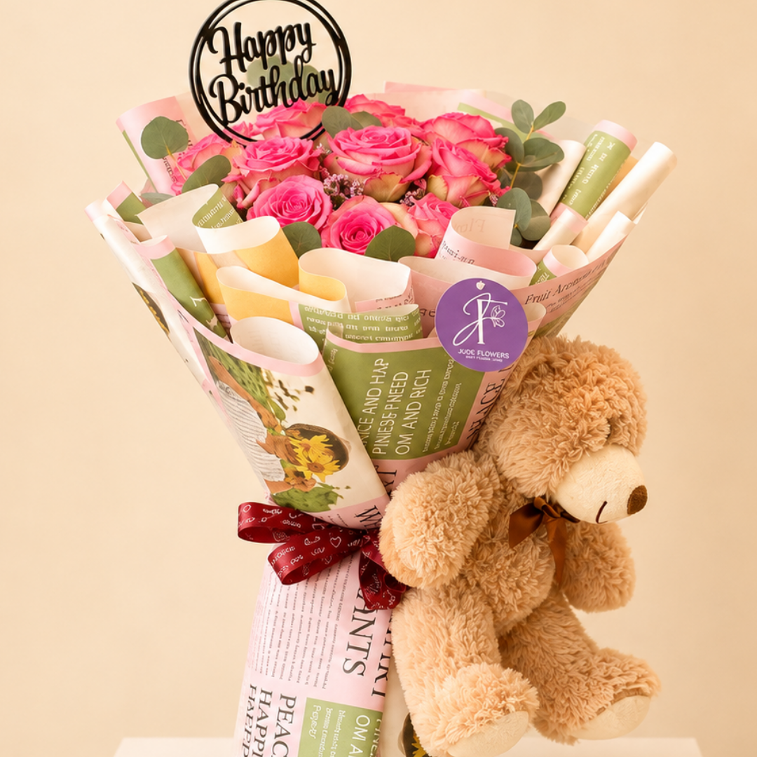 Rosy Embrace – Pink Rose & Teddy Birthday Bouquet
