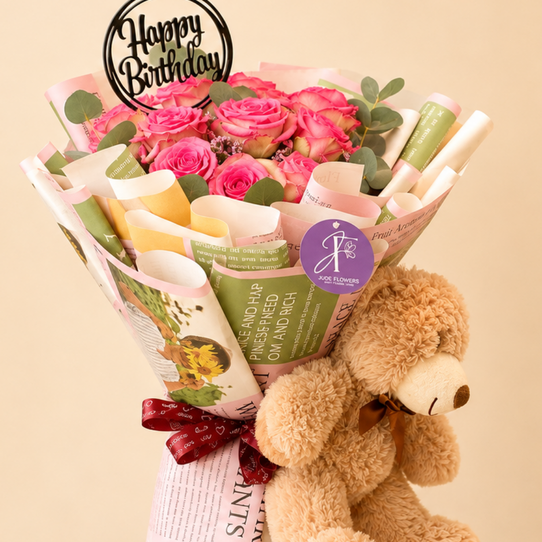 Rosy Embrace – Pink Rose & Teddy Birthday Bouquet