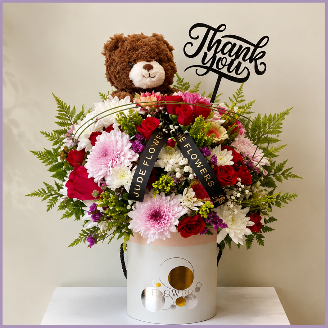 Teddy Rose Thank You – Mixed Flowers & Teddy Bear Gift Arrangement