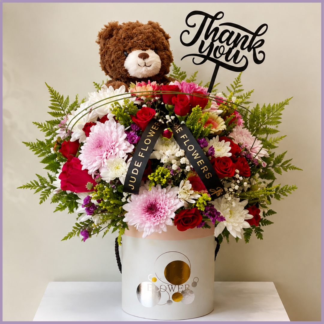Teddy Rose Thank You – Mixed Flowers & Teddy Bear Gift Arrangement