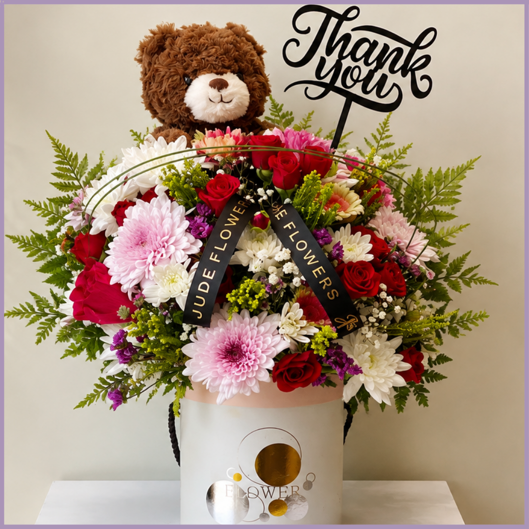 Teddy Rose Thank You – Mixed Flowers & Teddy Bear Gift Arrangement