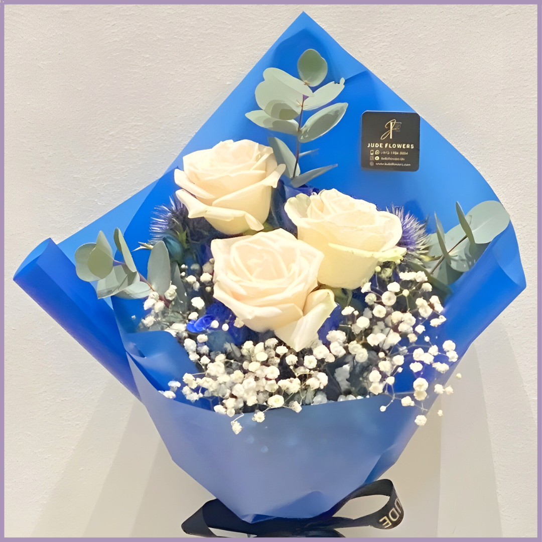 Blue Elegance White Rose Mini Bouquet