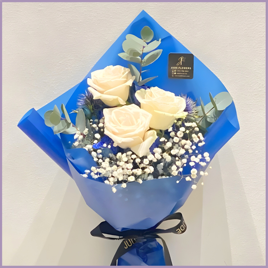 Blue Elegance White Rose Mini Bouquet