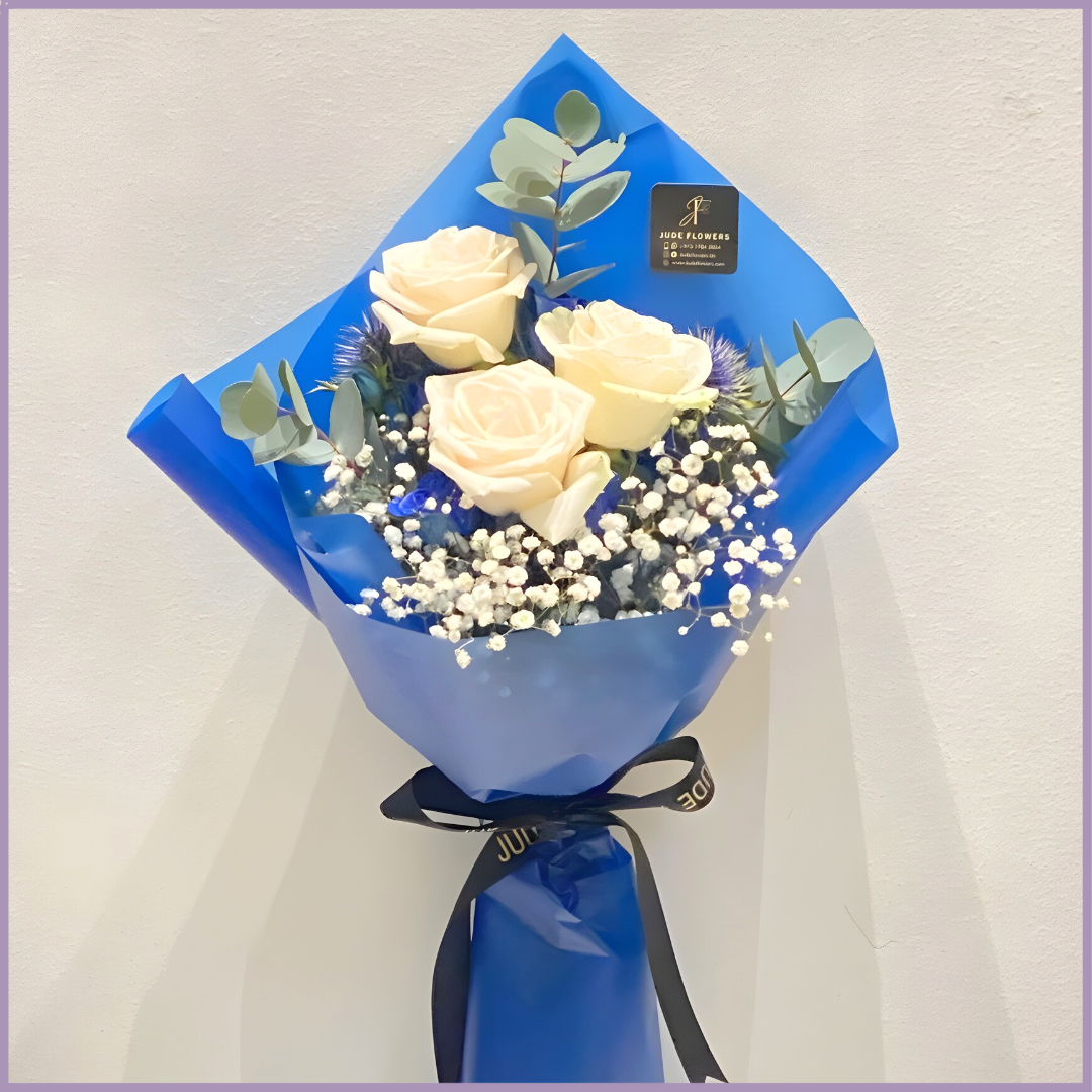 Blue Elegance White Rose Mini Bouquet