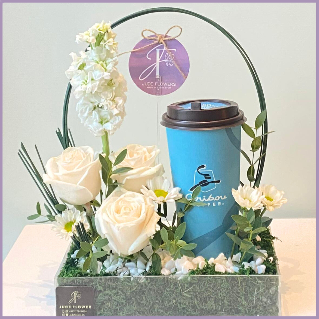 White Roses Caribou Coffee Arrangement