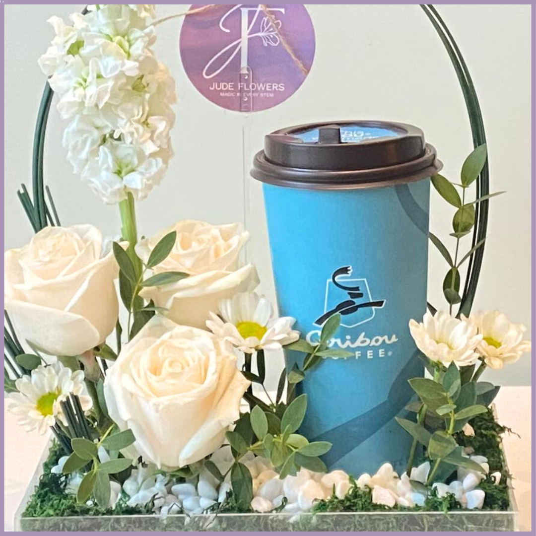 White Roses Caribou Coffee Arrangement