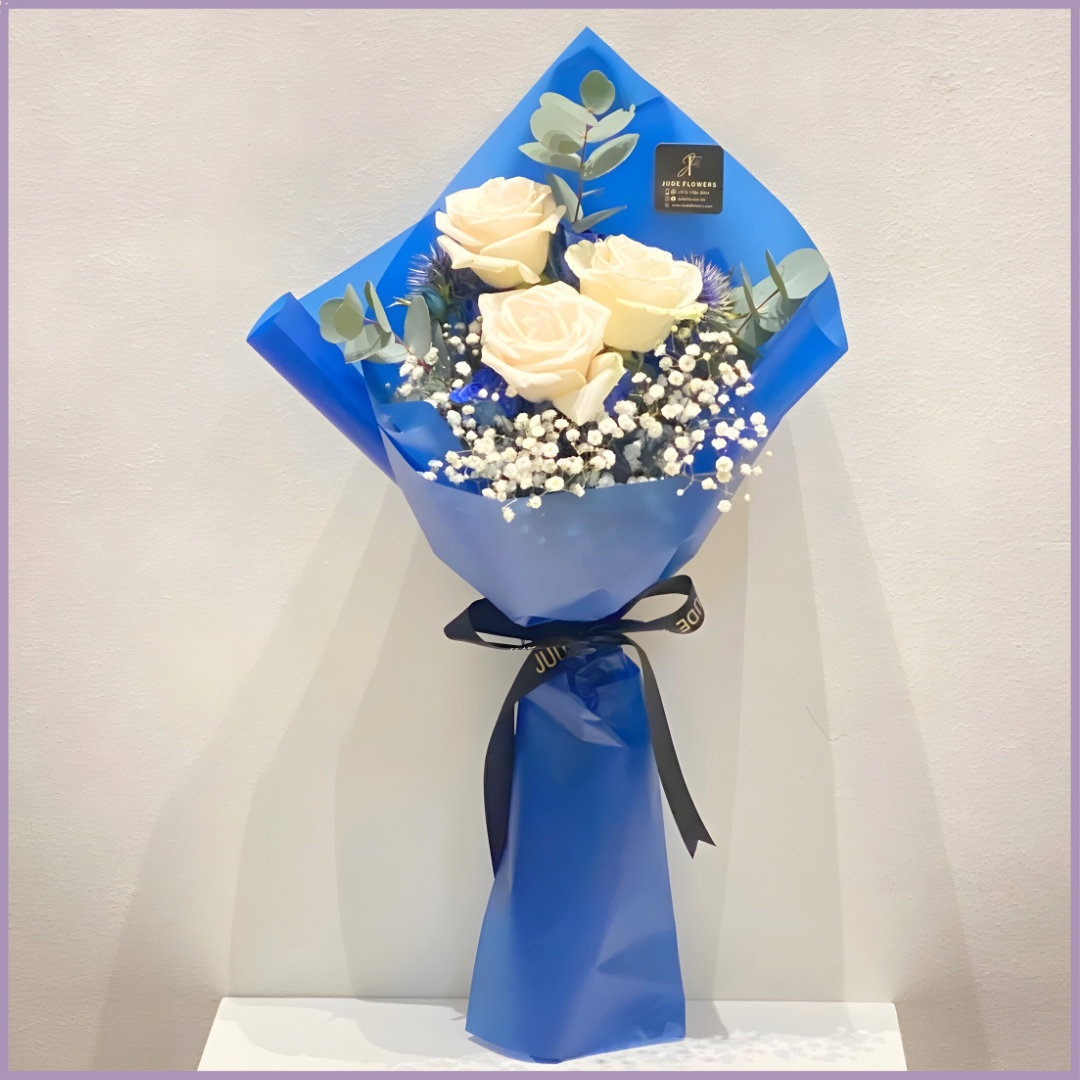 Blue Elegance White Rose Mini Bouquet
