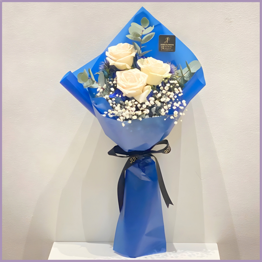 Blue Elegance White Rose Mini Bouquet