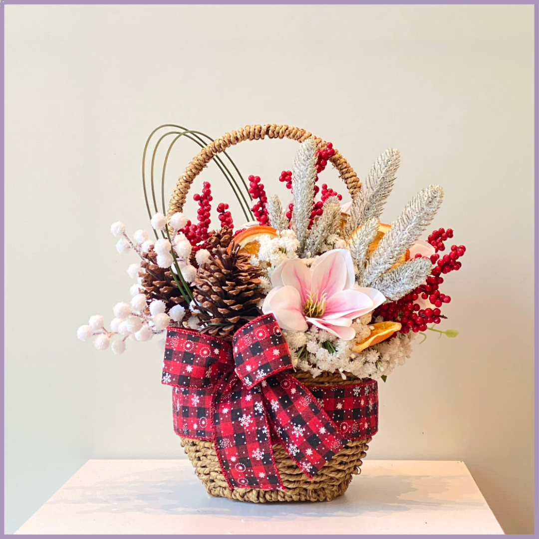 Winter Hearth Basket I Artificial Festive Arrangement by Jude Flowers