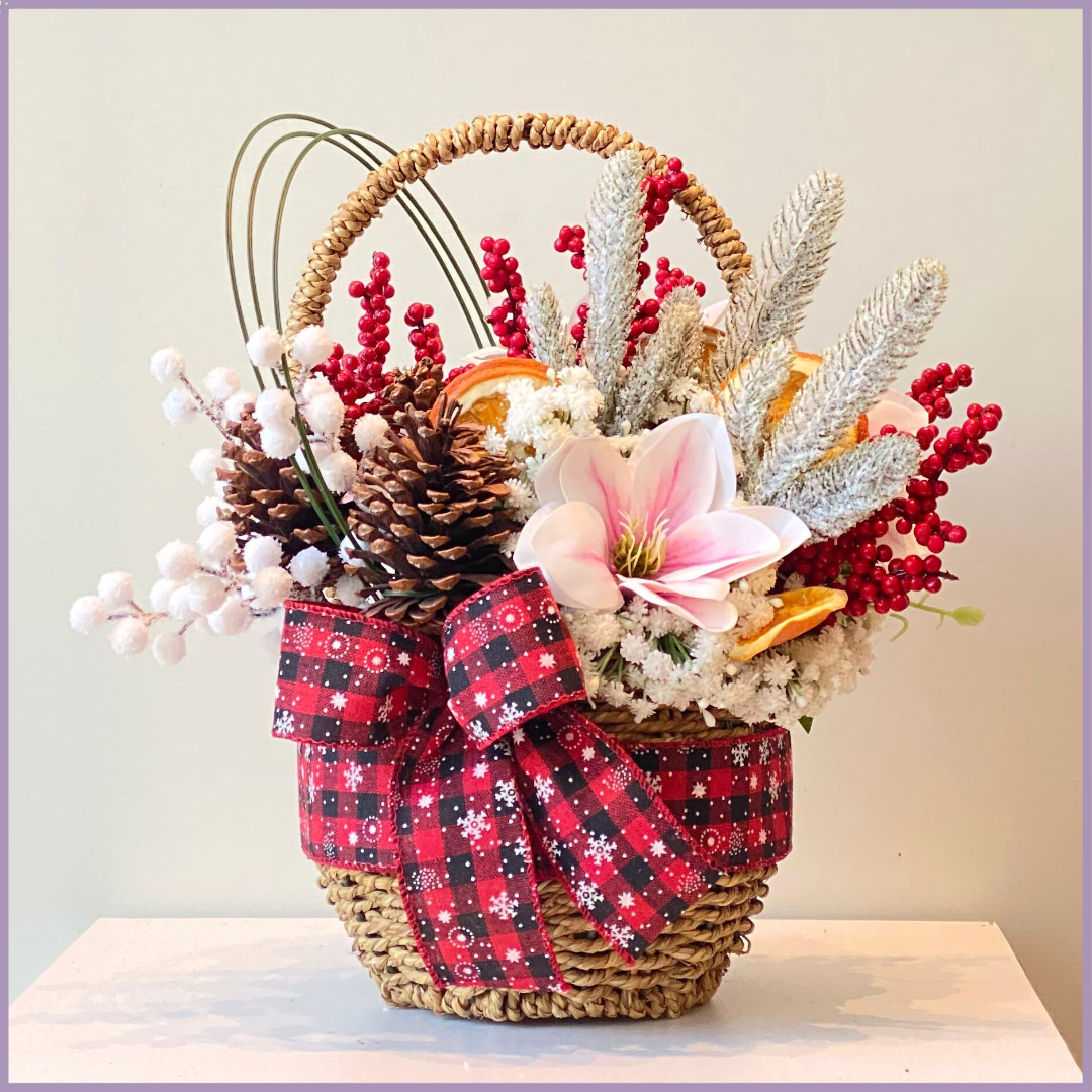 Winter Hearth Basket I Artificial Festive Arrangement by Jude Flowers