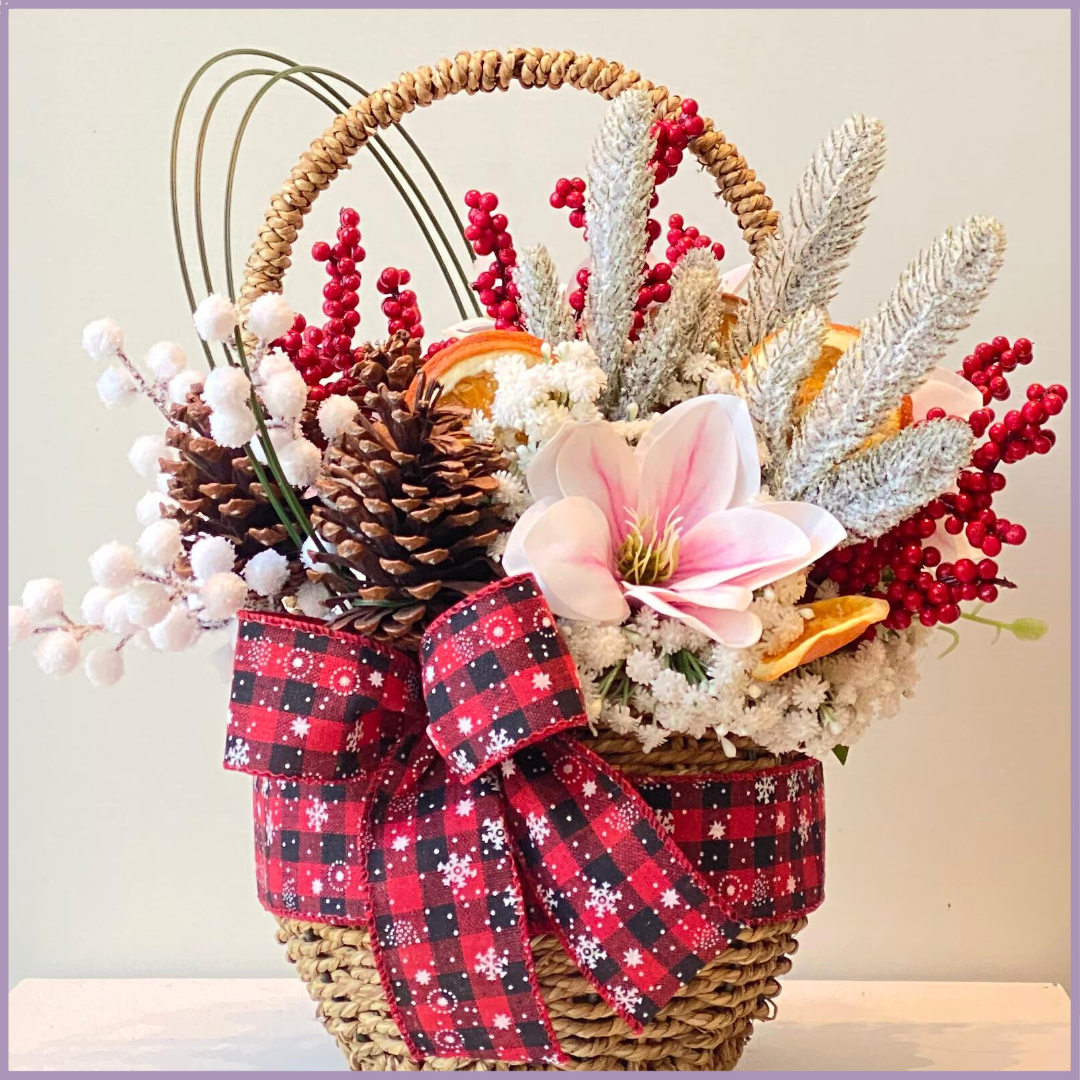 Winter Hearth Basket I Artificial Festive Arrangement by Jude Flowers