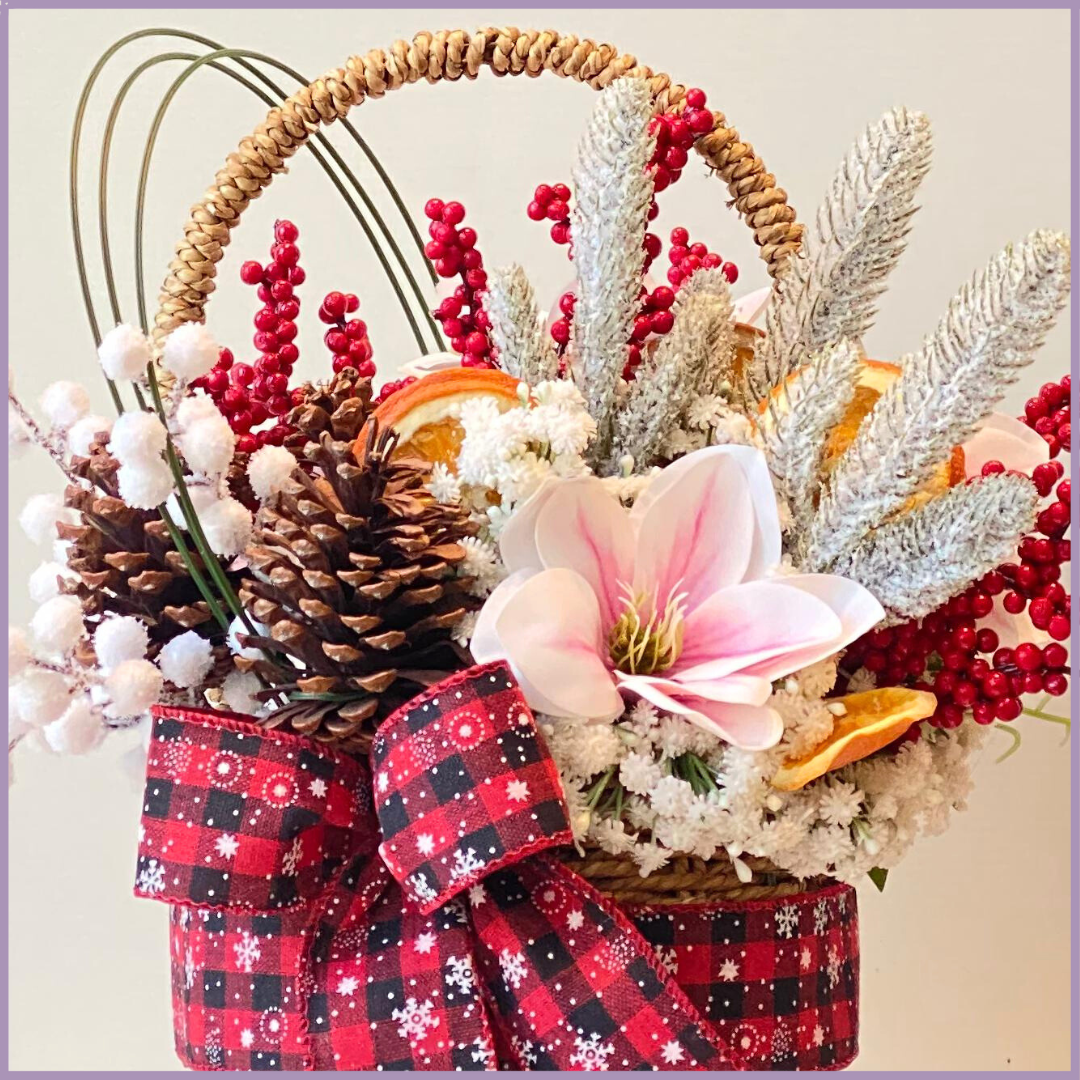 Winter Hearth Basket I Artificial Festive Arrangement by Jude Flowers