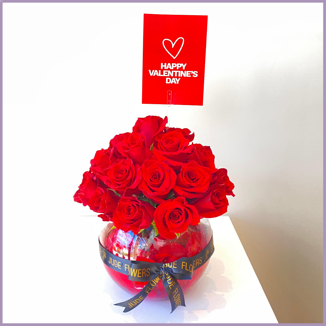 Valentine Grace - Red Rose Glass Vase Arrangement