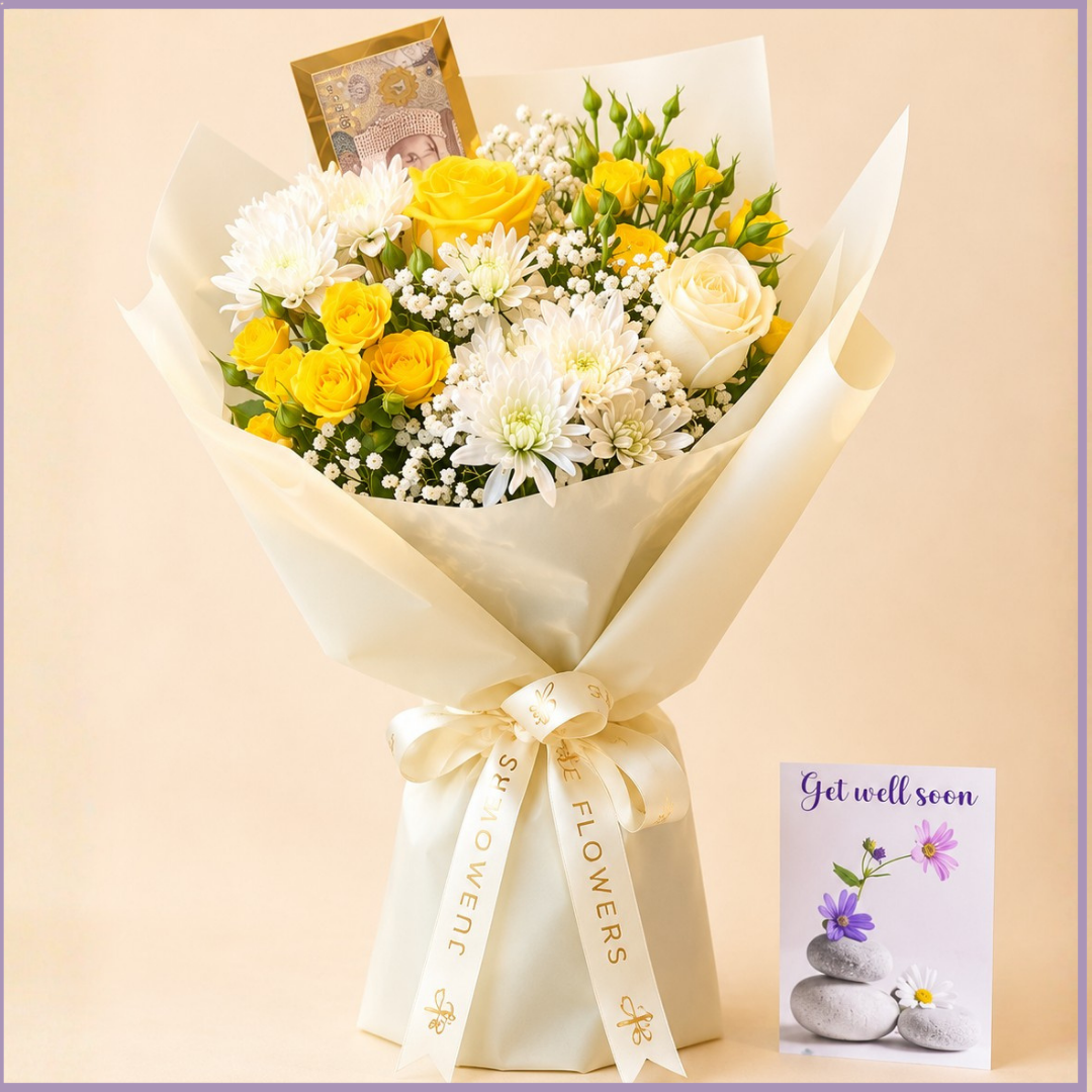 Golden Fortune – Yellow & White Flower Money Gift Bouquet