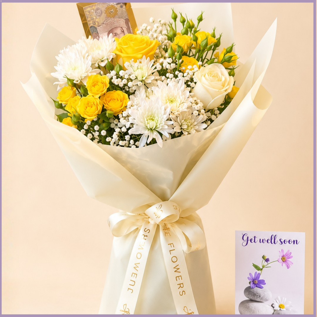 Golden Fortune – Yellow & White Flower Money Gift Bouquet
