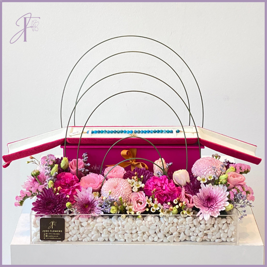 Azure Bloom Jewel Box - Floral Arrangement with Periwnikle Amazonite & Aquamarine Bracelet - Maison V x Jude Flowers