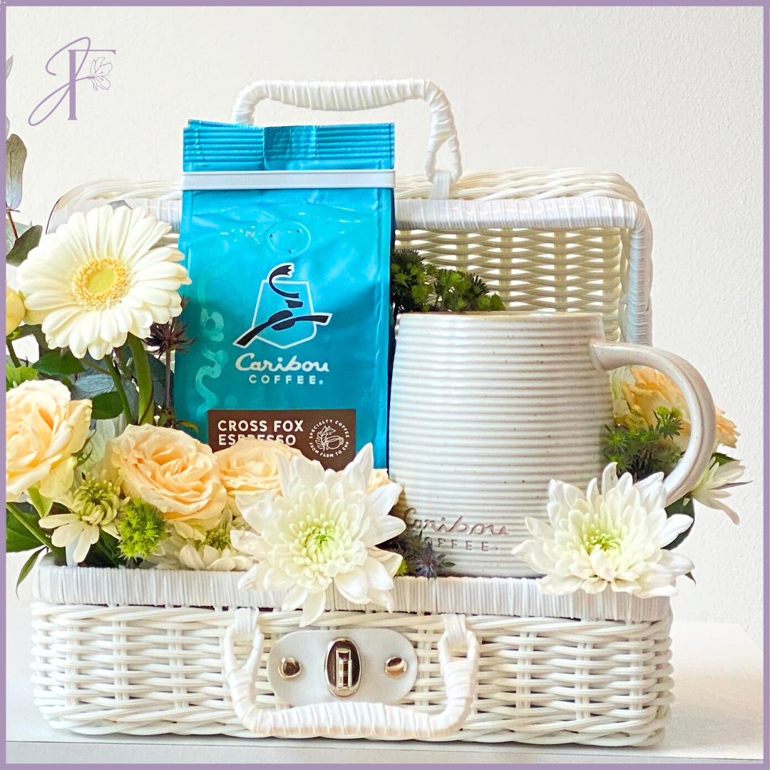 Caribou Coffee and Floral Gift Basket - Delightful Blooms and Brews