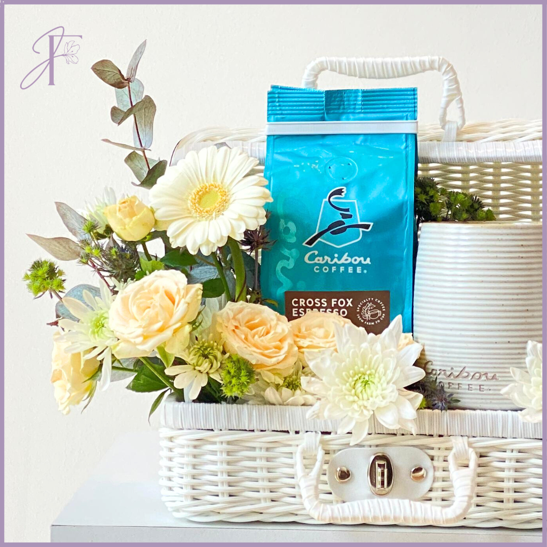 Caribou Coffee and Floral Gift Basket - Delightful Blooms and Brews