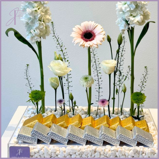 Sweet Blooms & Bites Tray - Elegant Flower & Chocolate Arrangement
