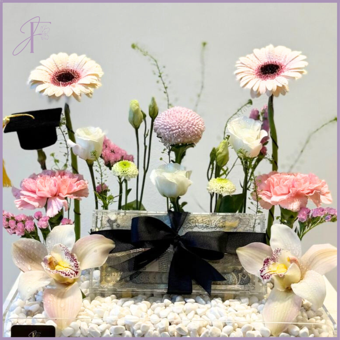 Cash & Blooms Grad Tray - Graduation Flower & Acrylic Money Gift
