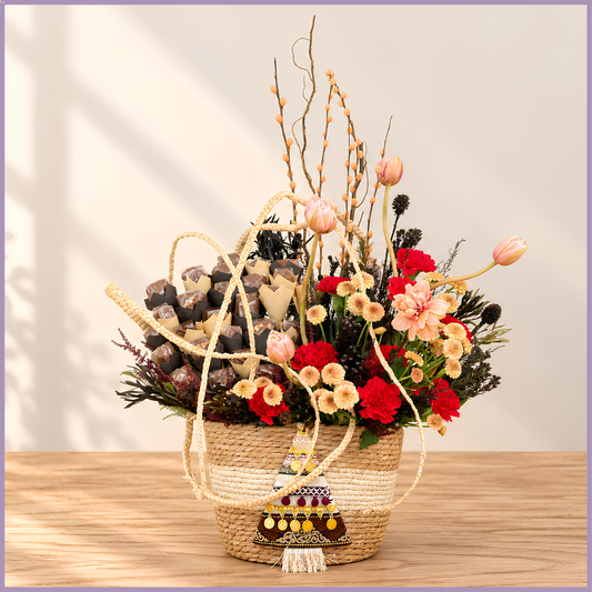 Diwali Delight Basket – Vibrant Flowers & Decadent Chocolates