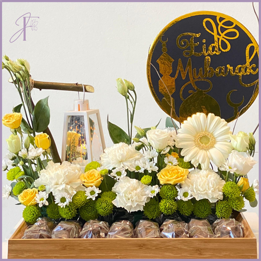 Eid Radiance Gift Tray - Festive Flowers, Chocolates, Lamp & Eid Sign