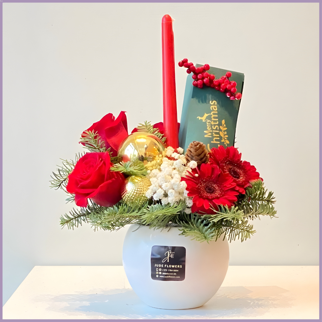 Festive Bloom Bowl – Christmas Flowers with Belgian Chocolates