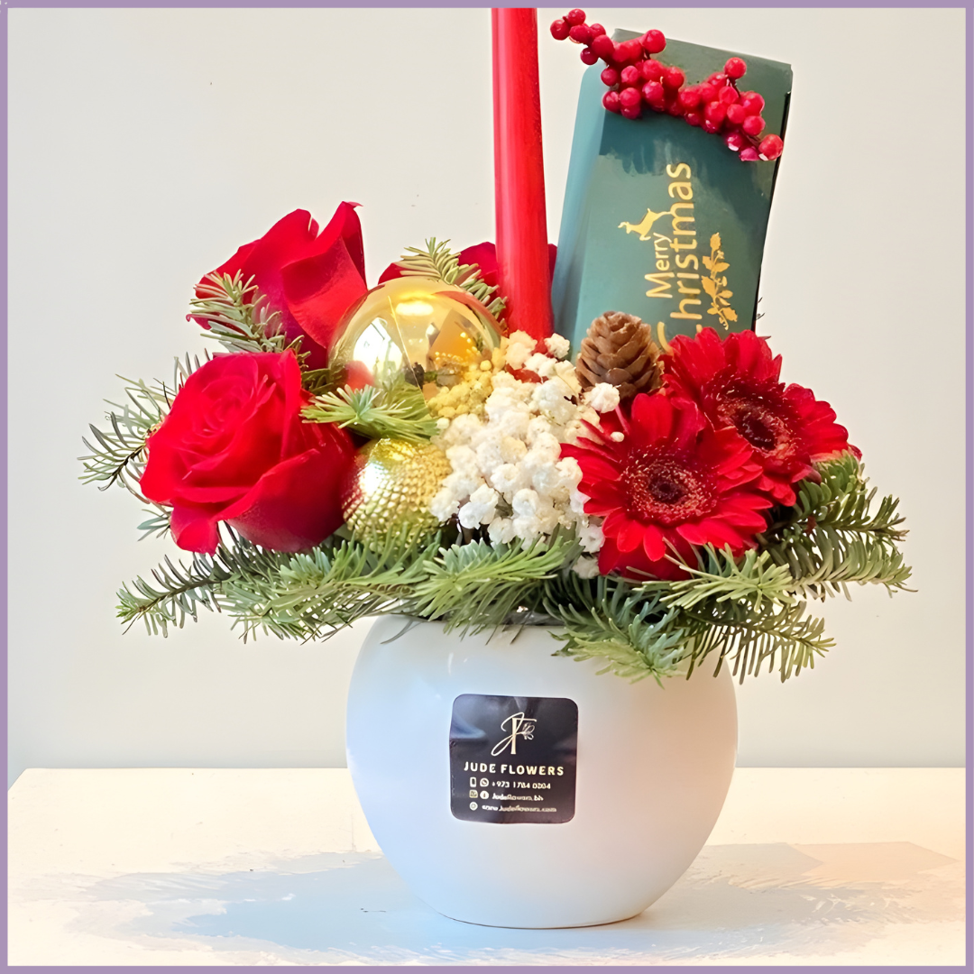 Festive Bloom Bowl – Christmas Flowers with Belgian Chocolates