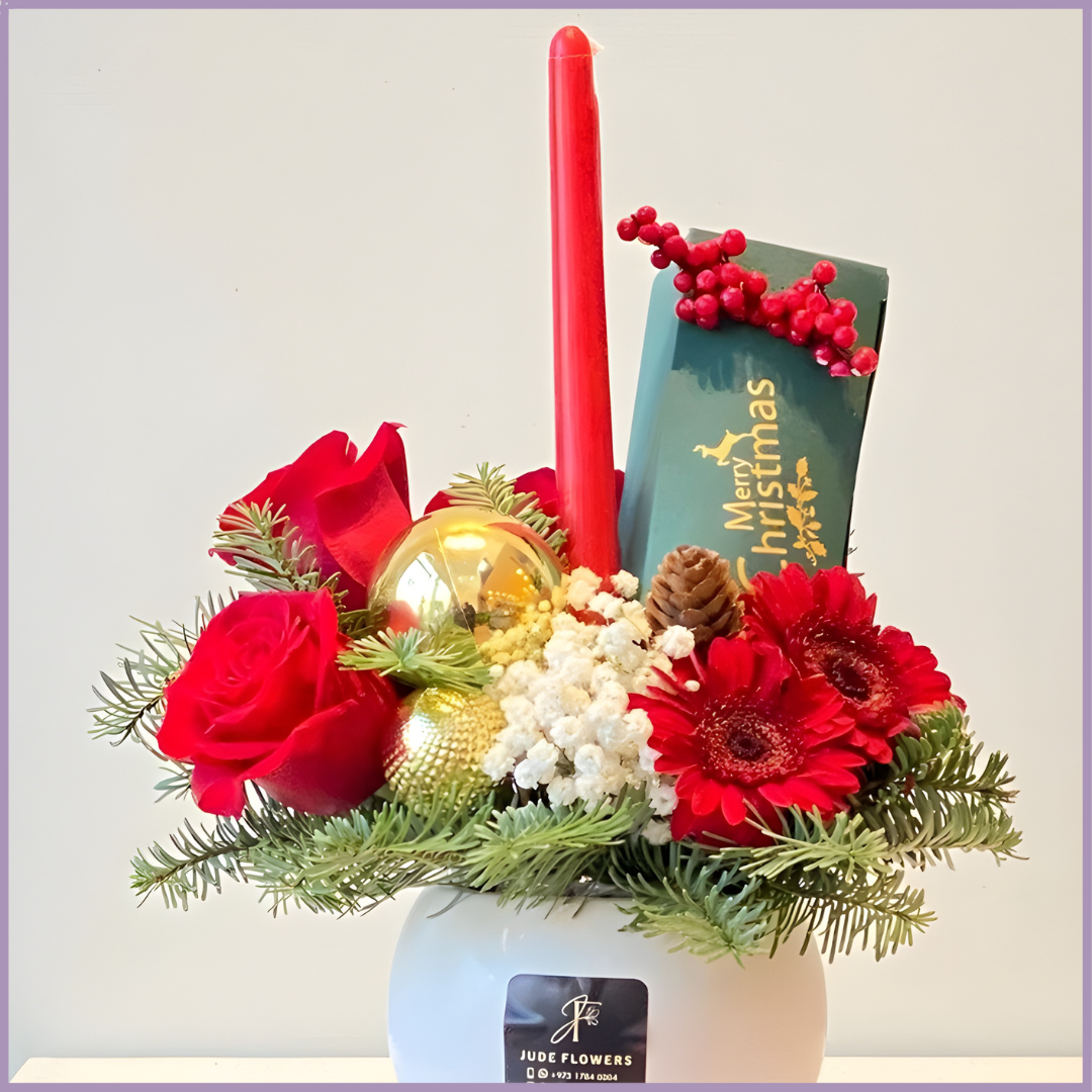 Festive Bloom Bowl – Christmas Flowers with Belgian Chocolates