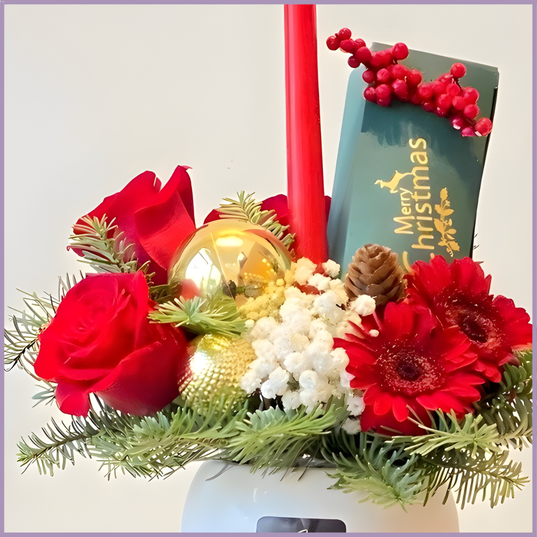 Festive Bloom Bowl – Christmas Flowers with Belgian Chocolates