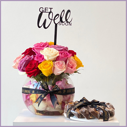 Healing Bloom & Sweet Indulgence - 25 Roses & "Get Well Soon" Acrylic – chocolate, delivered in Bahrain