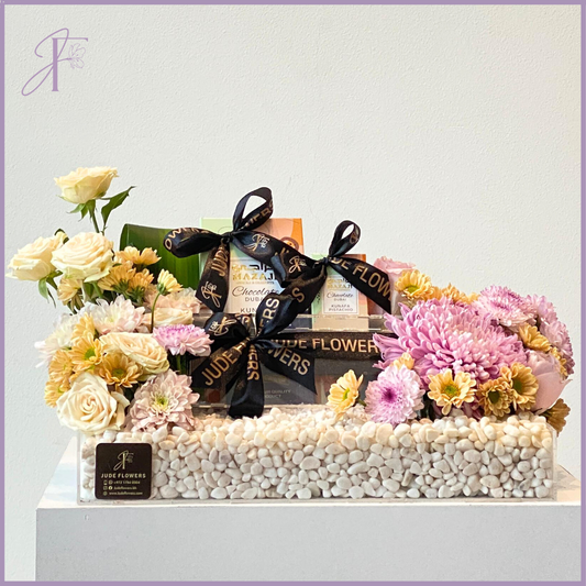 Jude's Mazaji Delight Tray - Flowers, Mazaji Kunafa &amp; Elegant Decor – chocolate, delivered in Bahrain