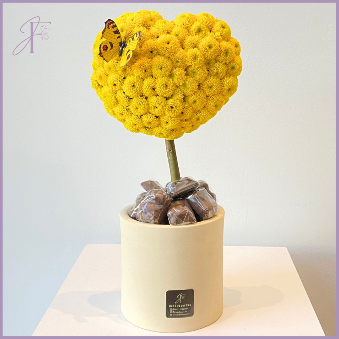 My Yellow Butterfly - Yellow Chrysanthemum & Chocolate Vase Arrangement