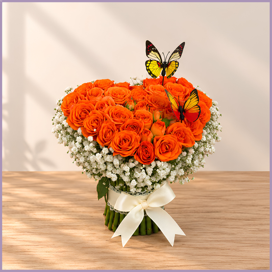Orange Burst Heart Florals with Butterflies