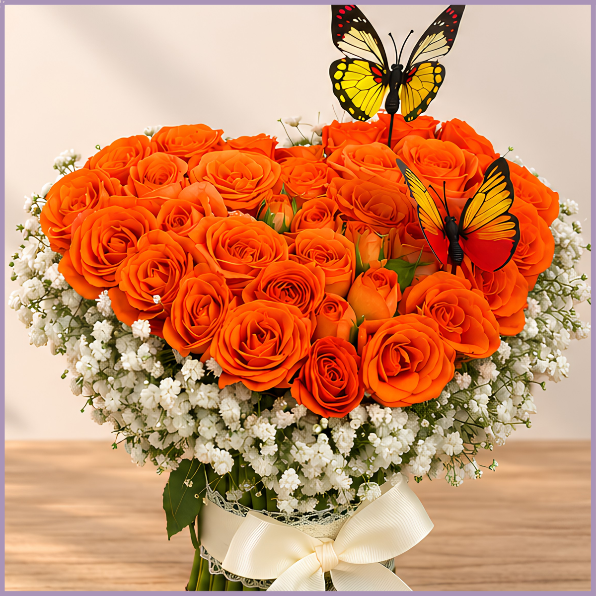 Orange Burst heart-shaped arrangement with orange spray roses, gypsophila and two butterfly accents – Jude Flowers Bahrain