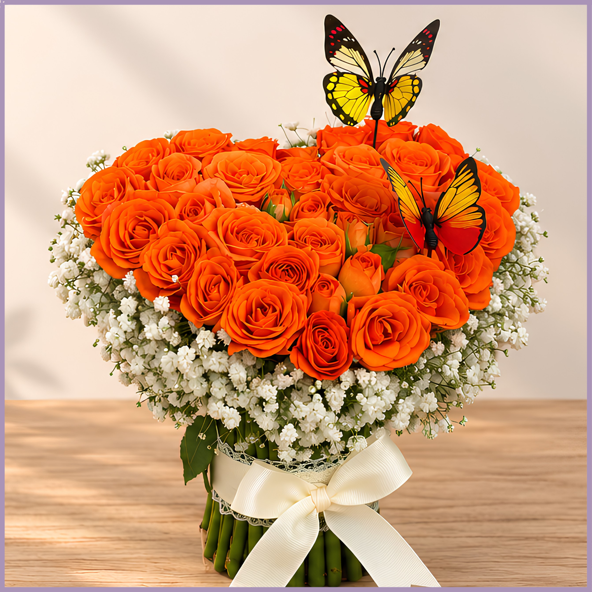 Orange Burst heart-shaped arrangement with orange spray roses, gypsophila and two butterfly accents – Jude Flowers Bahrain