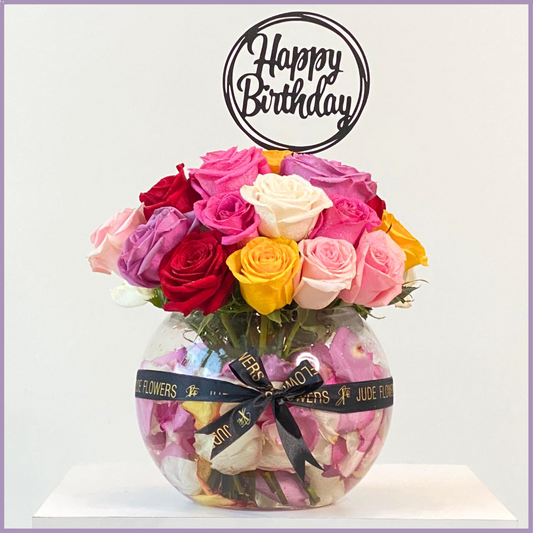 The Happy Birthday Rose Petal Vase - Mixed Roses in a Glass Vase with Acrylic Topper – flowers, delivered in Bahrain
