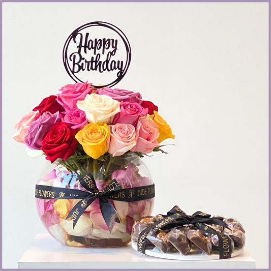 The Happy Birthday Rose & Treat Set - A Gift of 25 Roses & Assorted Chocolates – chocolate, delivered in Bahrain